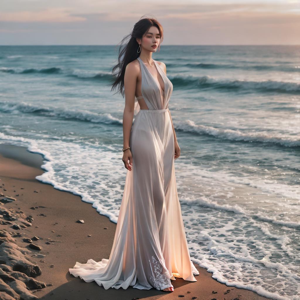  Girl on the beach hyperrealistic, full body, detailed clothing, highly detailed, cinematic lighting, stunningly beautiful, intricate, sharp focus, f/1. 8, 85mm, (centered image composition), (professionally color graded), ((bright soft diffused light)), volumetric fog, trending on instagram, trending on tumblr, HDR 4K, 8K