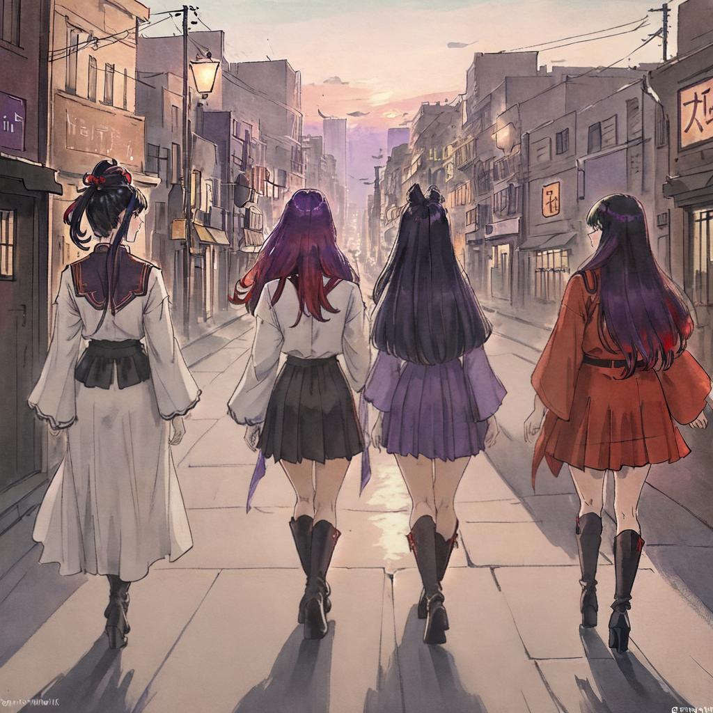  ((masterpiece)),(((best quality))), 8k, high detailed, ultra-detailed. Three girls seen from the back and three girls seen from the front, all wearing extremely short skirts, outfits with wide necklines, and high boots, in a realistic style. The scene is set in a bustling city street at dusk, with tall skyscrapers in the background and colorful neon lights illuminating the surroundings. The girls have different hair colors: one has vibrant purple hair, another has fiery red hair, and the third one has sleek black hair. They are all confidently striding forward with their heads held high, creating a sense of empowerment and independence. hyperrealistic, full body, detailed clothing, highly detailed, cinematic lighting, stunningly beautiful, intricate, sharp focus, f/1. 8, 85mm, (centered image composition), (professionally color graded), ((bright soft diffused light)), volumetric fog, trending on instagram, trending on tumblr, HDR 4K, 8K