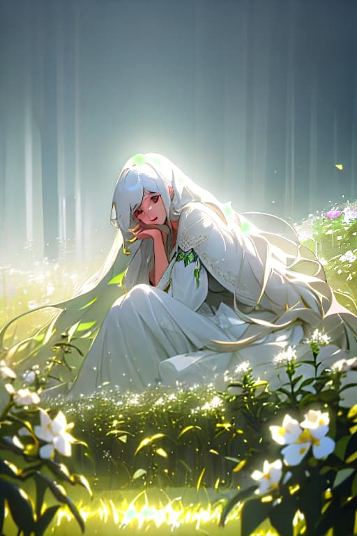  (masterpiece, best quality),1girl with long white hair sitting in a field of green plants and flowers, her hand under her chin, warm lighting, white dress, blurry foreground hyperrealistic, full body, detailed clothing, highly detailed, cinematic lighting, stunningly beautiful, intricate, sharp focus, f/1. 8, 85mm, (centered image composition), (professionally color graded), ((bright soft diffused light)), volumetric fog, trending on instagram, trending on tumblr, HDR 4K, 8K