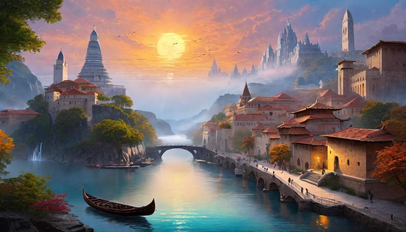  digital painting of A majestic city glowing with ethereal light, architecture blending ancient wisdom with future visions, symbolizing the era of peace and righteousness foretold, harmony, utopian dreamscapes looking at viewer, dynamic pose, (intricate details, masterpiece, best quality)