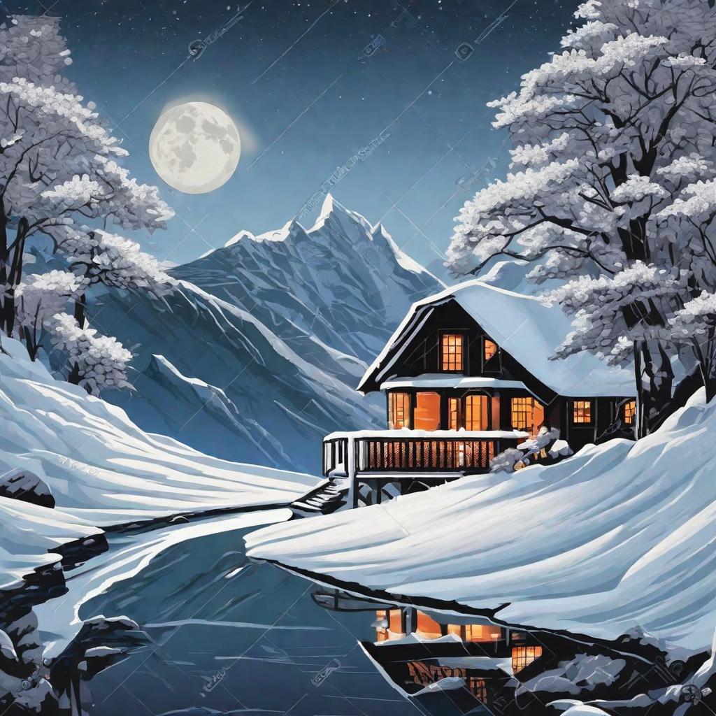  masterpiece, best quality,Moonlit snow mountain, there is a small hut, four wearing black windbreaker figure side by side walk together