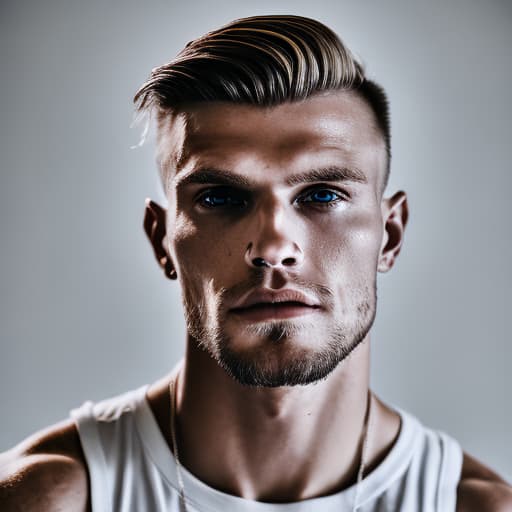 portrait+ style Russian queer fitness model blonde hunk dude face