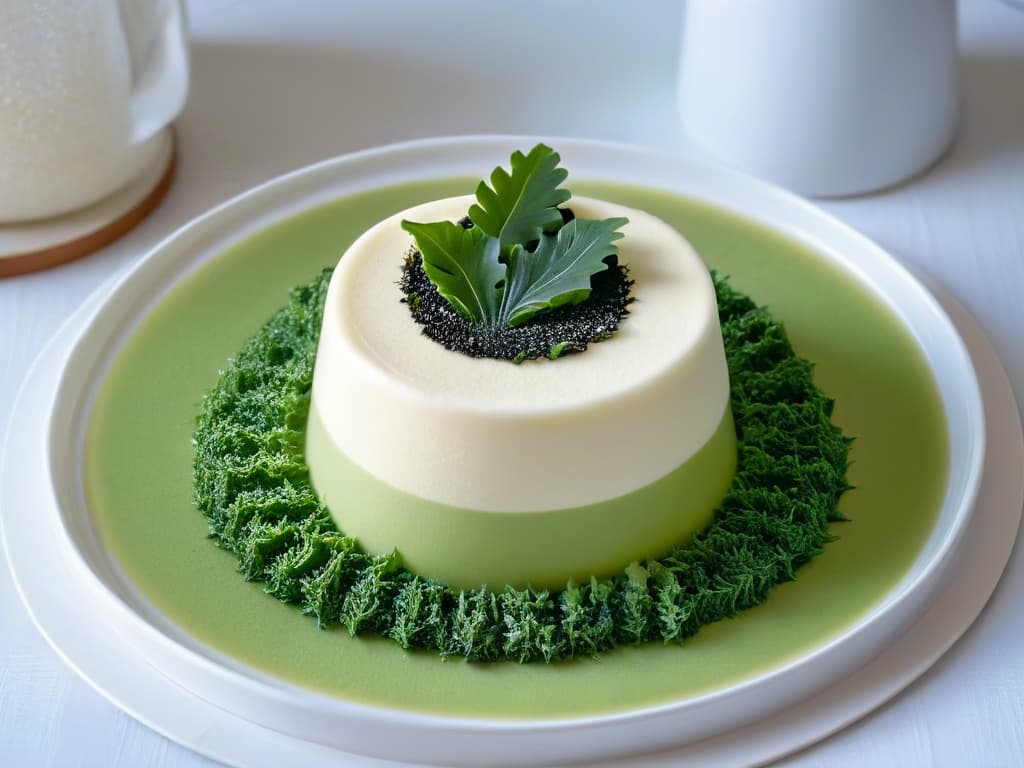  An image of a delicate, intricately plated dessert featuring a smooth, glossy panna cotta infused with hints of sea salt and topped with a vibrant green seaweed garnish. The dessert is elegantly presented on a sleek, modern ceramic plate, with soft natural lighting accentuating its textures and colors, creating a visually stunning and appetizing composition. hyperrealistic, full body, detailed clothing, highly detailed, cinematic lighting, stunningly beautiful, intricate, sharp focus, f/1. 8, 85mm, (centered image composition), (professionally color graded), ((bright soft diffused light)), volumetric fog, trending on instagram, trending on tumblr, HDR 4K, 8K