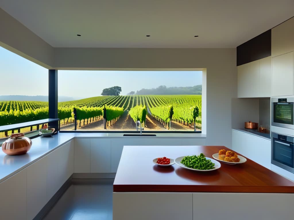  An ultradetailed image of a sleek, modern kitchen with a panoramic window showing a stunning view of a lush vineyard during sunset. The kitchen is equipped with stateoftheart appliances, a marble countertop, hanging copper pots, and a wooden dining table set for a gourmet meal. The warm glow of the setting sun illuminates the space, creating a cozy and inviting atmosphere perfect for a culinary adventure. hyperrealistic, full body, detailed clothing, highly detailed, cinematic lighting, stunningly beautiful, intricate, sharp focus, f/1. 8, 85mm, (centered image composition), (professionally color graded), ((bright soft diffused light)), volumetric fog, trending on instagram, trending on tumblr, HDR 4K, 8K