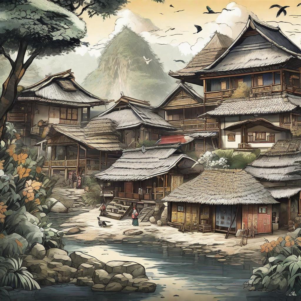  masterpiece, best quality, a traditional hut picture is filled with western buildings