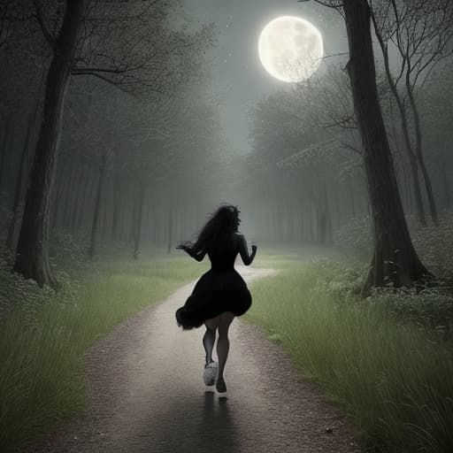  highly detailed, realistic full body shot of a woman running in a mythical forest, at midnight with a full moon shining on the pathway. add woodland creatures in the background. the view should be from her back so you can’t we her face only her long straight hair flowing in the wind, it’s jet black hair. she’s wearing a black gown and her skin is a beautiful porcelain color. the background is ominous and foreboding. add details and make it hyper realistic. cinematic lighting,