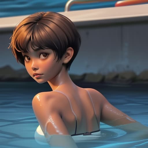  tanned woman with short hair can't swim and drowning