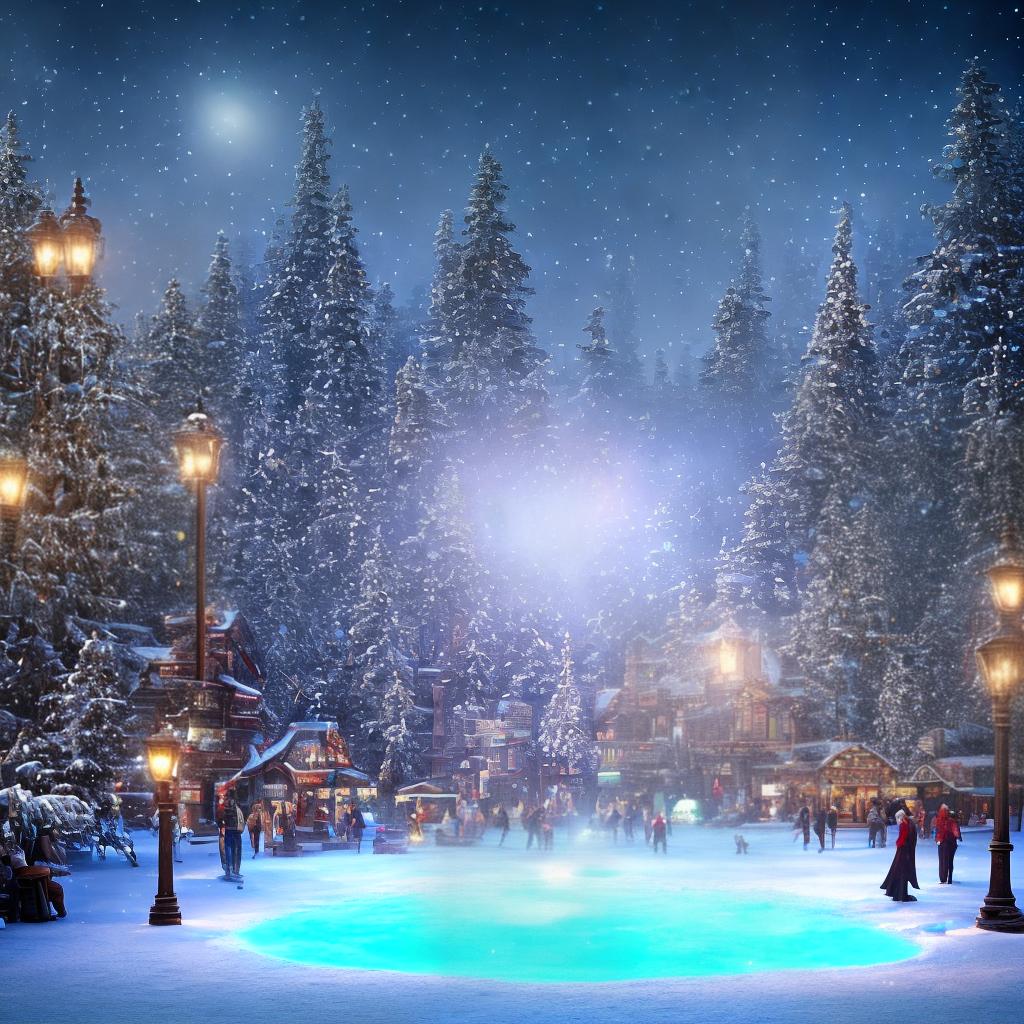  ((Masterpiece)), (((best quality))), 8k, high detailed, ultra-detailed. A serene urban Christmas scene set in a park. The main subject is a couple ((ice skating)) hand in hand on a frozen pond, surrounded by tall evergreen trees. The scene is embellished with ((twinkling fairy lights)) adorning the trees and a ((giant Christmas wreath)) hanging on a lamppost. In the distance, a group of carolers can be seen singing while standing beside a ((glistening ice sculpture)) of a reindeer. hyperrealistic, full body, detailed clothing, highly detailed, cinematic lighting, stunningly beautiful, intricate, sharp focus, f/1. 8, 85mm, (centered image composition), (professionally color graded), ((bright soft diffused light)), volumetric fog, trending on instagram, trending on tumblr, HDR 4K, 8K