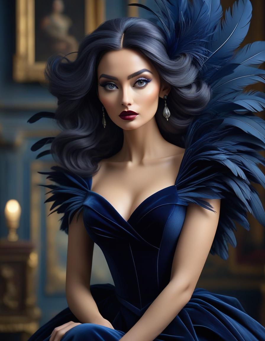  surrealist art Portrait of a beautiful in a dark blue velvet Lorrain dress, on beautiful hair adorned with soft feathers of dark blue colour . dreamlike, mysterious, , symbolic, intricate, detailed hyperrealistic, full body, detailed clothing, highly detailed, cinematic lighting, stunningly beautiful, intricate, sharp focus, f/1. 8, 85mm, (centered image composition), (professionally color graded), ((bright soft diffused light)), volumetric fog, trending on instagram, trending on tumblr, HDR 4K, 8K