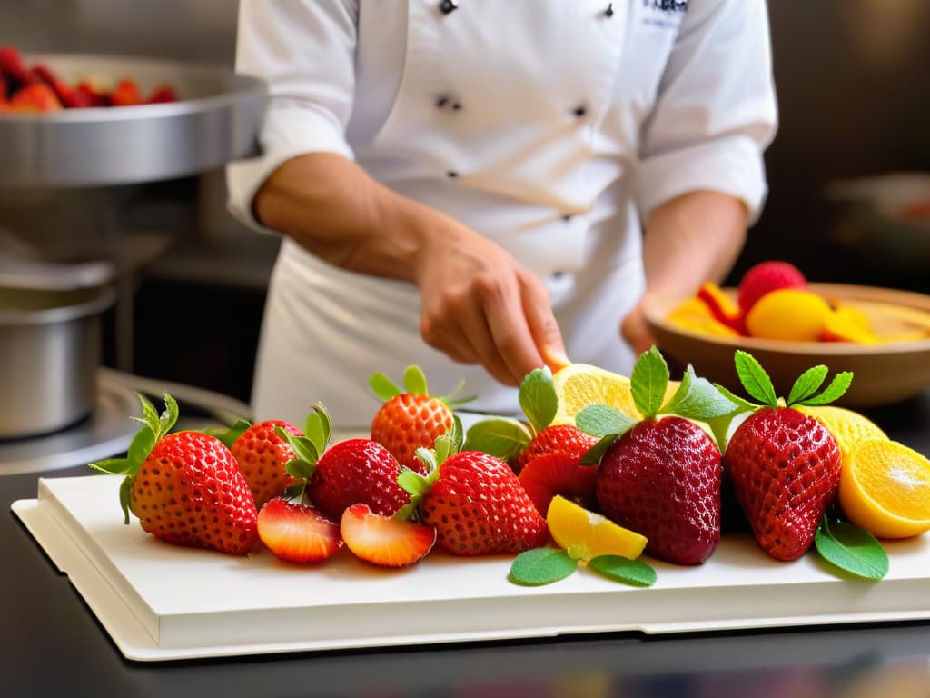  An ultradetailed image of a professional chef's hands delicately selecting vibrant, fresh ingredients from a beautifully arranged display of fruits, herbs, and spices. The chef's fingers are seen grasping a ripe strawberry, while in the background, colorful ingredients like basil leaves, vanilla pods, and citrus fruits are artistically arranged on a sleek, minimalist countertop. The image captures the essence of precision and artistry in ingredient selection, exuding a sense of culinary mastery and creativity. hyperrealistic, full body, detailed clothing, highly detailed, cinematic lighting, stunningly beautiful, intricate, sharp focus, f/1. 8, 85mm, (centered image composition), (professionally color graded), ((bright soft diffused light)), volumetric fog, trending on instagram, trending on tumblr, HDR 4K, 8K