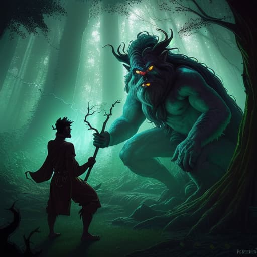  80's fantasy art, Mystical forest with a hidden path. A guardian creature, an anthropomorphic beast with long fangs and glowing eyes, stands in the shadows watching a determined monk. The monk has an unkempt beard, glasses, and a wooden staff. The scene is bathed in light filtering through ancient trees, creating a magical and eerie atmosphere.