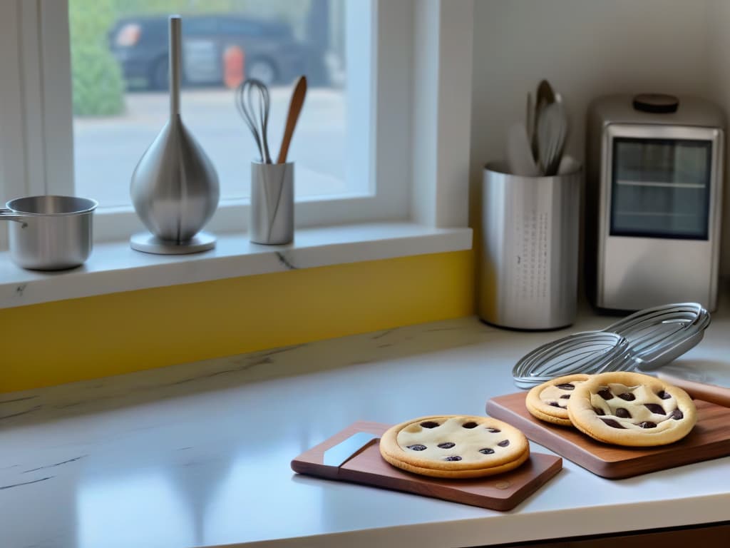  A closeup, ultradetailed image of a sleek, modern kitchen countertop with scattered baking utensils such as measuring cups, a whisk, a rolling pin, and cookie cutters all neatly arranged. The countertop is made of smooth marble with intricate gray veins running through it, complemented by a soft, natural light filtering in from a nearby window, casting gentle shadows on the utensils. The overall aesthetic is clean, elegant, and minimalistic, creating a visually appealing and aspirational image for the article on augmented reality baking equipment. hyperrealistic, full body, detailed clothing, highly detailed, cinematic lighting, stunningly beautiful, intricate, sharp focus, f/1. 8, 85mm, (centered image composition), (professionally color graded), ((bright soft diffused light)), volumetric fog, trending on instagram, trending on tumblr, HDR 4K, 8K