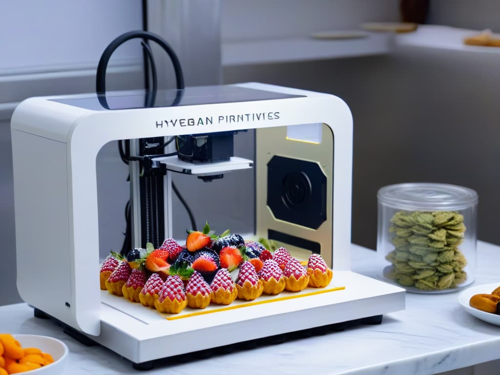  An ultradetailed photorealistic image showcasing a modern, sleek 3D printer in action, meticulously crafting intricate and delicately designed vegan pastries. The printer is surrounded by an array of colorful plantbased ingredients like fresh berries, nuts, and edible flowers, all elegantly displayed on a clean, marble countertop. The lighting is soft yet focused, highlighting the precision and artistry of the 3D printing process, while conveying a sense of innovation and creativity in the realm of vegan baking. hyperrealistic, full body, detailed clothing, highly detailed, cinematic lighting, stunningly beautiful, intricate, sharp focus, f/1. 8, 85mm, (centered image composition), (professionally color graded), ((bright soft diffused light)), volumetric fog, trending on instagram, trending on tumblr, HDR 4K, 8K