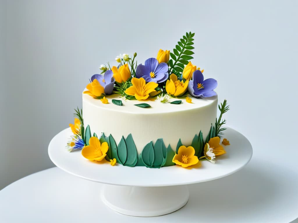  A closeup, ultradetailed photograph of a beautifully decorated cake made entirely from upcycled ingredients, showcasing intricate details like delicate edible flowers, precise piping work, and a glossy finish. The cake sits on a minimalist, modern cake stand against a clean, white background, emphasizing the sustainable and innovative nature of the pastry creation. hyperrealistic, full body, detailed clothing, highly detailed, cinematic lighting, stunningly beautiful, intricate, sharp focus, f/1. 8, 85mm, (centered image composition), (professionally color graded), ((bright soft diffused light)), volumetric fog, trending on instagram, trending on tumblr, HDR 4K, 8K