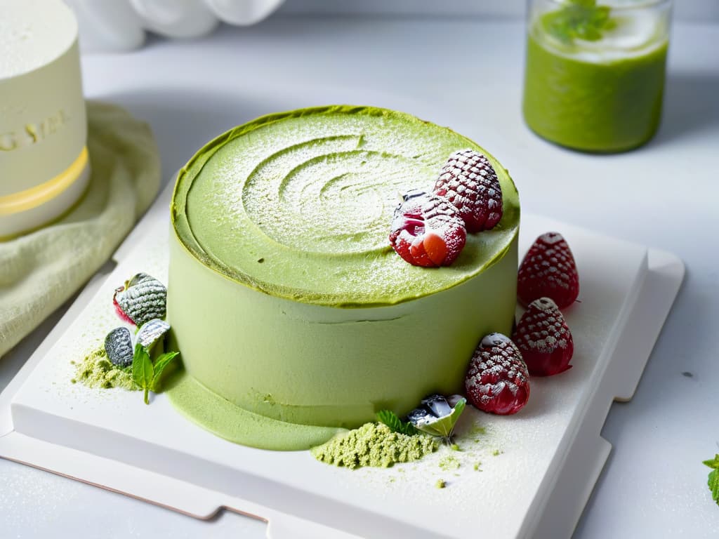  An elegant and minimalistic image of a beautifully plated matcha green tea cheesecake on a white marble surface. The cheesecake is garnished with fresh raspberries and a dusting of matcha powder, highlighting its vibrant green color against the pristine white background. The focus is on the intricate layers of the dessert, showcasing its creamy texture and visually appealing presentation that exudes sophistication and culinary artistry. hyperrealistic, full body, detailed clothing, highly detailed, cinematic lighting, stunningly beautiful, intricate, sharp focus, f/1. 8, 85mm, (centered image composition), (professionally color graded), ((bright soft diffused light)), volumetric fog, trending on instagram, trending on tumblr, HDR 4K, 8K