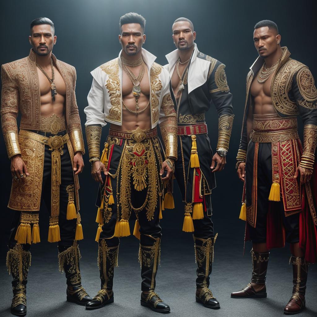  male gangster group from Maluku Province, Indonesia hyperrealistic, full body, detailed clothing, highly detailed, cinematic lighting, stunningly beautiful, intricate, sharp focus, f/1. 8, 85mm, (centered image composition), (professionally color graded), ((bright soft diffused light)), volumetric fog, trending on instagram, trending on tumblr, HDR 4K, 8K