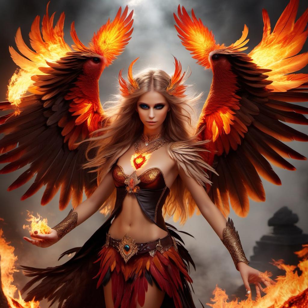  A graceful harpy with flaming feathers and magical eyes: - Appearance: The harpy girl has ((fine hair:1.5)) that intertwines with ((flaming feathers:1.5)), creating a stunning and impressive image. Her eyes, like two fireballs, radiate ((magical energy: 1.5)) and mystery. - Clothes and Accessories: She wears ((luxurious dress:1.5)) adorned with ((feathers and gems:1.5)) that reflect flames and glow with their own fire. Her arms and ((decorations:1.5)) are made of feathers and precious stones, emphasizing her belonging to the world of harpies. - Posture and facial expression: The Harpy adopts ((graceful pose:1.5)), anime, anime style  --e sdxlceshi