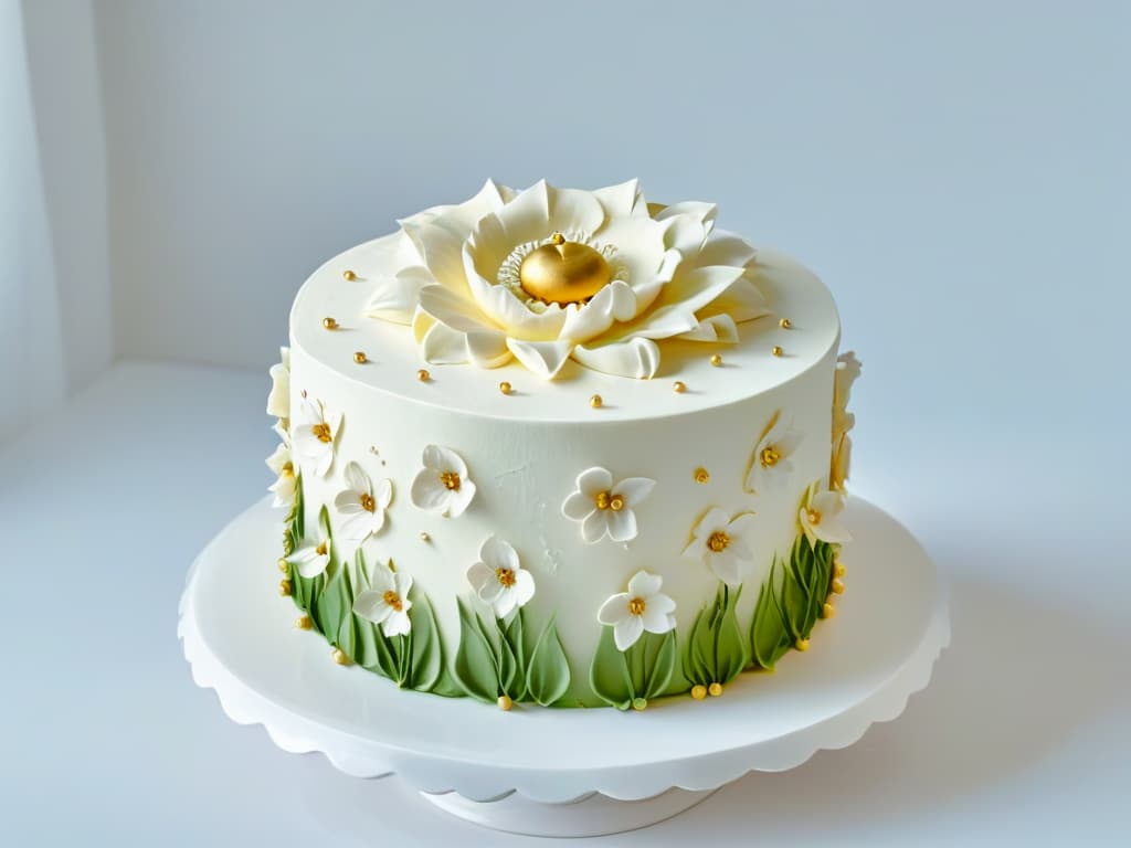  A closeup, ultradetailed image of a beautifully decorated cake, showcasing intricate piping work, delicate fondant flowers, and shimmering edible gold accents. The cake sits on a pristine white cake stand, with soft natural light casting gentle shadows to highlight the craftsmanship. hyperrealistic, full body, detailed clothing, highly detailed, cinematic lighting, stunningly beautiful, intricate, sharp focus, f/1. 8, 85mm, (centered image composition), (professionally color graded), ((bright soft diffused light)), volumetric fog, trending on instagram, trending on tumblr, HDR 4K, 8K