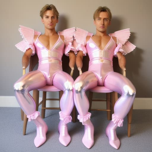  two very beautiful angels,oiled shiny, light pink vinyl  with open button placket in the crotch,hard pointy, shows his oiled shiny,long socs with ruffles and socs belts,,