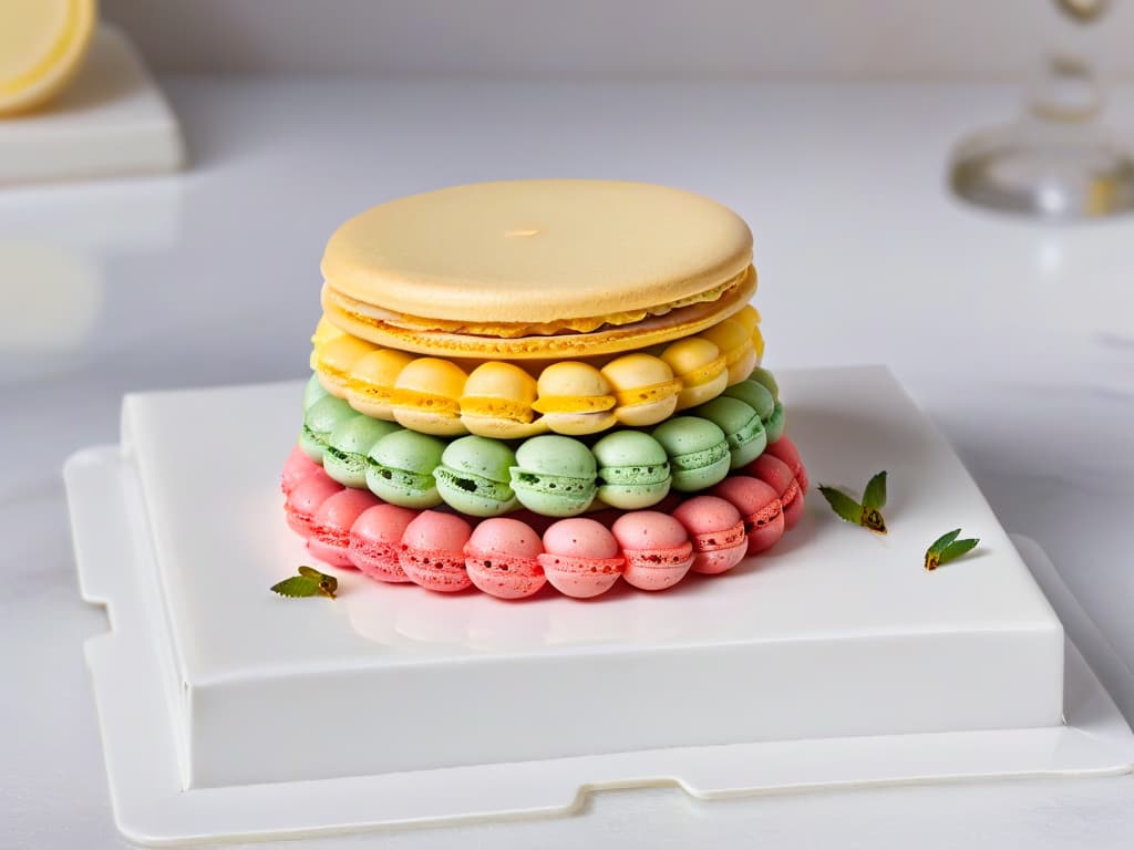  An image of a perfectly arranged display of colorful macarons, each with a smooth glossy shell, delicate feet, and a variety of flavors such as raspberry, pistachio, lemon, and lavender. The macarons are placed on a sleek, white marble countertop, with soft natural lighting highlighting their vibrant hues and elegant shapes. The composition is clean, modern, and inviting, showcasing the artistry and precision of these miniature pastries. hyperrealistic, full body, detailed clothing, highly detailed, cinematic lighting, stunningly beautiful, intricate, sharp focus, f/1. 8, 85mm, (centered image composition), (professionally color graded), ((bright soft diffused light)), volumetric fog, trending on instagram, trending on tumblr, HDR 4K, 8K