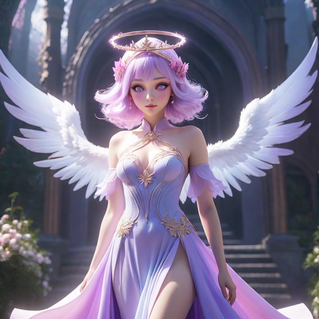  An astral elf with a hair color gradient from white to purple that ends in pink. She has 6 large angel wings. She is wearing a translucent pastel purple dress with a pink gradient. Above her head is a halo in the form of a snow white crown. The eyes are blue purple. hyperrealistic, full body, detailed clothing, highly detailed, cinematic lighting, stunningly beautiful, intricate, sharp focus, f/1. 8, 85mm, (centered image composition), (professionally color graded), ((bright soft diffused light)), volumetric fog, trending on instagram, trending on tumblr, HDR 4K, 8K