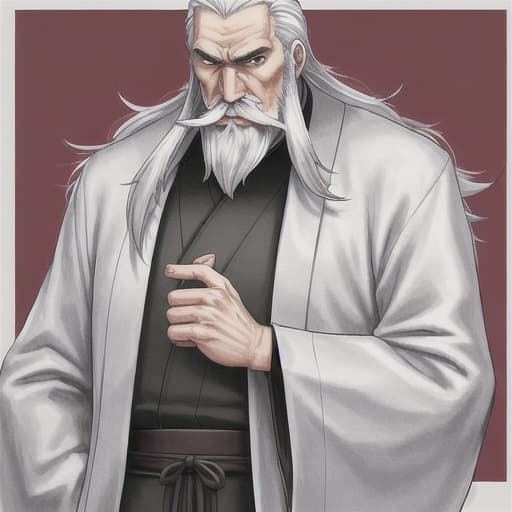  old man, Japanese outfits, serious face, long thin beard and mustache, tall and skinny, White hair