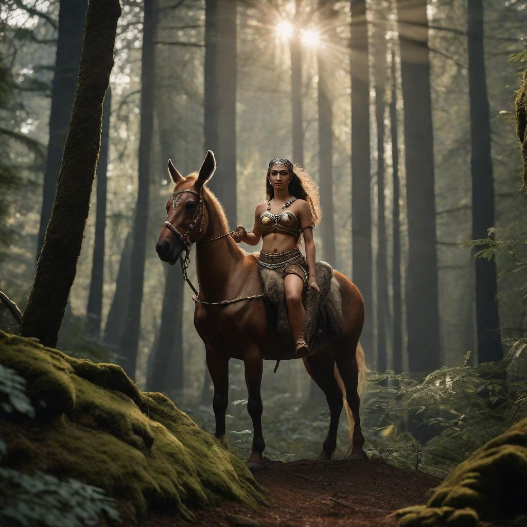  masterpiece, best quality, realistic, high resolution, photo realism. 8k, best quality, NathanAZ as a centaur holding a chained slave leia in a dark forest.