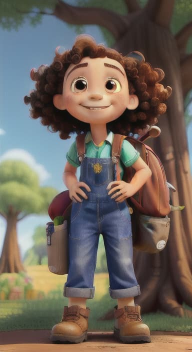  {The tree with a smiling face formed by its bark, looking down at Riley., Riley, a curious with big brown eyes and curly hair, wearing overalls and carrying a small backpack. Their friend, Skye, a bluebird with shiny feathers.