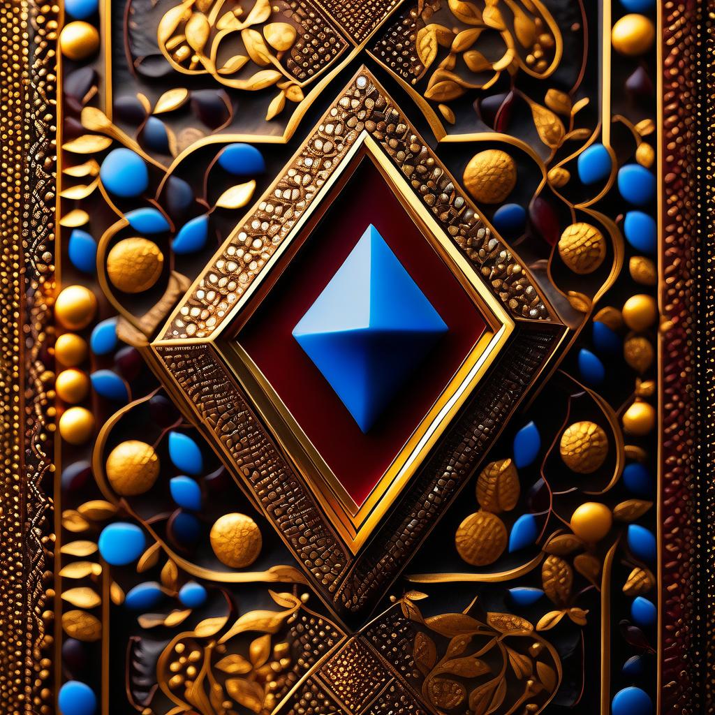  zentangle (Gold framed painting) There is a gold chest in the painting. (Chest design):An antique carved chest inlaid with gold and framed with blue jewels. Next to the chest is an antique treasure map with gold coins scattered on it. Tangle in English means "tangle", "weave", "intertwining", "intricacy".Zentangle tiles have the trademark uneven edge and rounded corners. The original tiles are presented in the form of geometric shapes: square, triangle, rectangle and circle. (Chest colours):yellow, gold, red, bordeaux, blue. (Card colour):pale yellow, vintage style. (Coin colour):pale gold. . intricate, abstract, monochrome, patterns, meditative, highly detailed hyperrealistic, full body, detailed clothing, highly detailed, cinematic lighting, stunningly beautiful, intricate, sharp focus, f/1. 8, 85mm, (centered image composition), (professionally color graded), ((bright soft diffused light)), volumetric fog, trending on instagram, trending on tumblr, HDR 4K, 8K