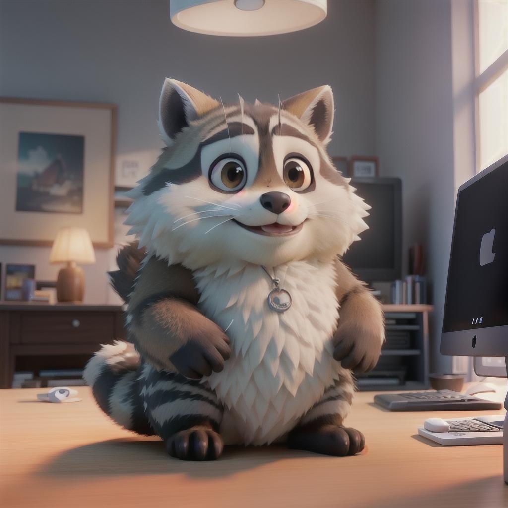  raccoon sitting in gaming chair front a computer on desktop, ((semi anthropomorphic)),(full body), tail, belly, sitting, fat, (chubby), (((white background))), solo, desktop, gaming chair, side view,  [[[clothes]]] hyperrealistic, full body, detailed clothing, highly detailed, cinematic lighting, stunningly beautiful, intricate, sharp focus, f/1. 8, 85mm, (centered image composition), (professionally color graded), ((bright soft diffused light)), volumetric fog, trending on instagram, trending on tumblr, HDR 4K, 8K