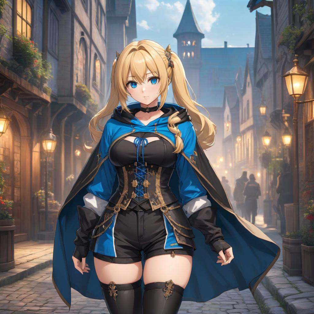  anime artwork a young , with blond hair, a hairstyle with two ponytails, medieval cloves style, in black shorts, blue corset and black hoody cloak, boots, 2d, anime, extremely hyper detailed clothing, (extremely hyper detailed face), (masterpiece:1.4), (perfect eyes:1.1), (deep eyes), curvy body, medieval fantasy . anime style, key visual, vint, studio anime, highly detailed hyperrealistic, full body, detailed clothing, highly detailed, cinematic lighting, stunningly beautiful, intricate, sharp focus, f/1. 8, 85mm, (centered image composition), (professionally color graded), ((bright soft diffused light)), volumetric fog, trending on instagram, trending on tumblr, HDR 4K, 8K