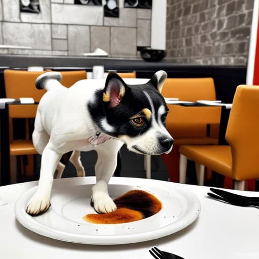  Un perrito de color blanco con una mancha negra en el ojo saltando sobre la una mesa en un restaurante. el contenido de la imagen debe ser de alta CÁLIDAd y mostra un Monmento graciosos