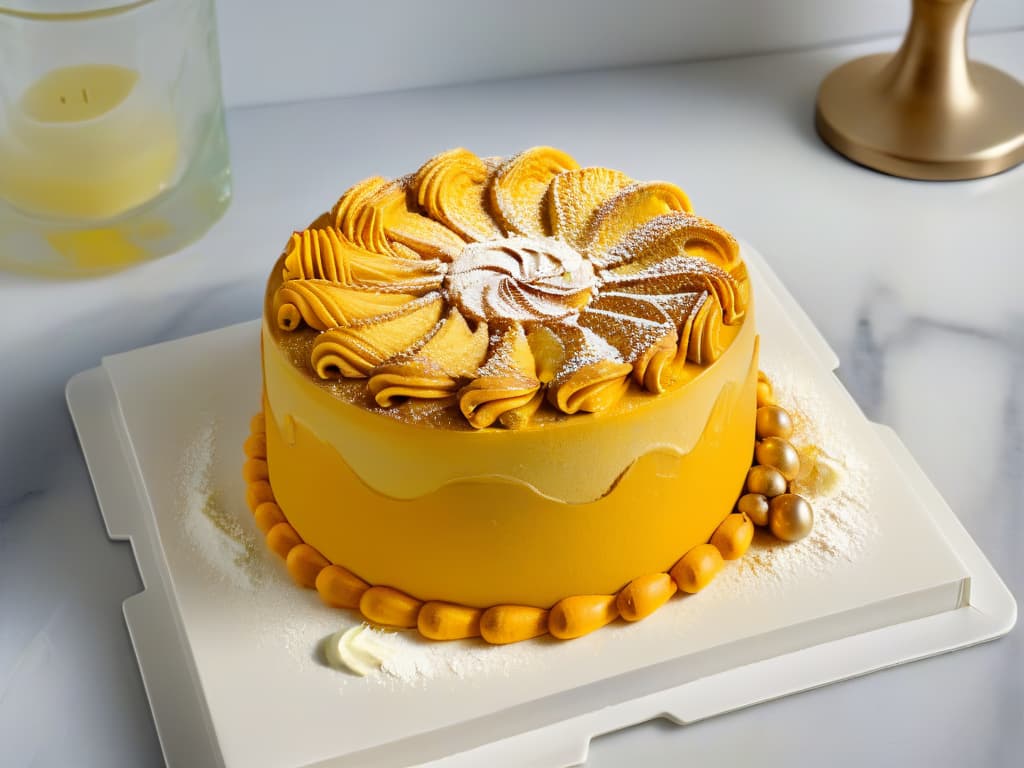  A serene, minimalist image of a goldenhued Sfouf cake, delicately dusted with powdered sugar, resting on a sleek marble countertop. The soft natural light illuminates the intricate swirls on the surface of the cake, showcasing the vibrant yellow color derived from the turmeric. The simplicity of the composition allows the viewer to focus on the elegant texture and warm tones of the baked treat, evoking a sense of tranquility and culinary sophistication. hyperrealistic, full body, detailed clothing, highly detailed, cinematic lighting, stunningly beautiful, intricate, sharp focus, f/1. 8, 85mm, (centered image composition), (professionally color graded), ((bright soft diffused light)), volumetric fog, trending on instagram, trending on tumblr, HDR 4K, 8K