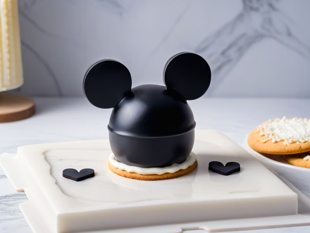  An 8k ultradetailed image of a sleek, minimalistic black and white Mickey Mouseshaped cookie cutter set, neatly arranged on a pristine marble countertop. The precisioncrafted stainless steel cutters gleam under soft, natural lighting, casting subtle shadows against the elegant backdrop. Each cutter showcases intricate detailing of Mickey's iconic silhouette, exuding a timeless charm that perfectly encapsulates the essence of classic Disney baking essentials. hyperrealistic, full body, detailed clothing, highly detailed, cinematic lighting, stunningly beautiful, intricate, sharp focus, f/1. 8, 85mm, (centered image composition), (professionally color graded), ((bright soft diffused light)), volumetric fog, trending on instagram, trending on tumblr, HDR 4K, 8K