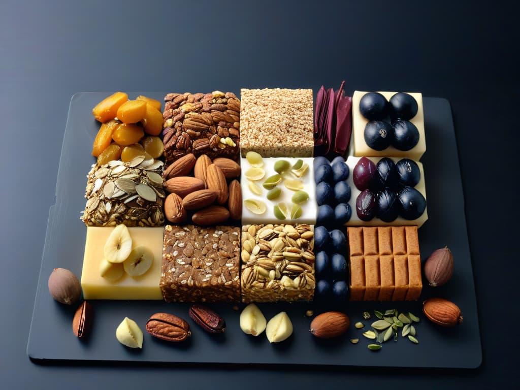  An ultradetailed, minimalist image of a variety of organic, vegan energy bar ingredients neatly arranged on a sleek, matte black countertop. The scene includes rows of dates, nuts, seeds, and dried fruits, each item meticulously placed in perfect alignment, creating a visually striking and aesthetically pleasing composition. The vibrant colors and textures of the ingredients pop against the dark background, highlighting their freshness and natural appeal. The image conveys a sense of precision, quality, and healthconsciousness, perfectly complementing the theme of homemade vegan energy bars. hyperrealistic, full body, detailed clothing, highly detailed, cinematic lighting, stunningly beautiful, intricate, sharp focus, f/1. 8, 85mm, (centered image composition), (professionally color graded), ((bright soft diffused light)), volumetric fog, trending on instagram, trending on tumblr, HDR 4K, 8K