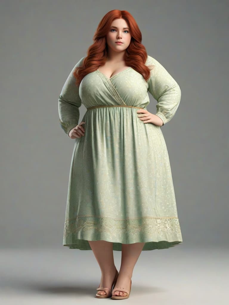  overweight but proportional woman, 1, 5’, 235 lbs, red hair down to mid back, proportional body, green eyes, g cup s, fat ocks, human character, detailed, HDR, AAA, high resolution, sharp focus, medium telephoto, natural light, full body, highly detailed, golden ratio. eyes: loving dress: peasant dress skin: glowing hair accessories: none background: apartment pose: motherly composition: rule of thirds art style: hyper realism expressions: warm rendering method: physically based renderer render resolution: 4k character emotion: kind