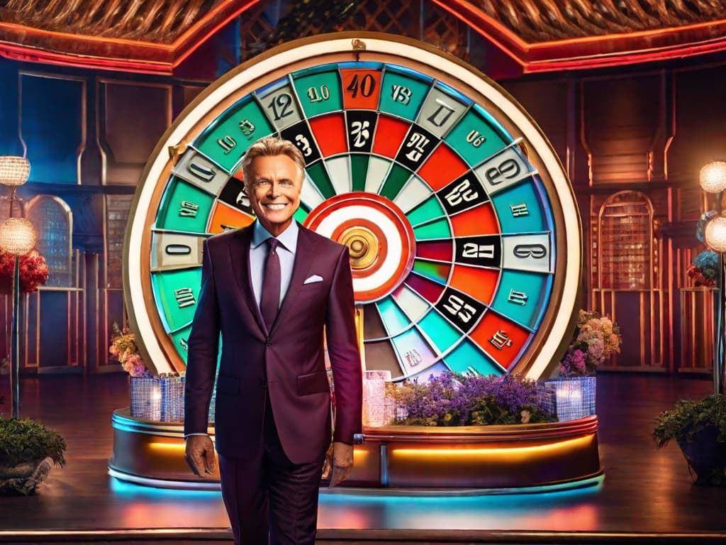  Pat Sajak waves to the audience, standing next to the iconic Wheel of Fortune. Colorful puzzle board lights glow behind him, reflecting a career of smiles and spins. A final spin graphic overlays the scene, symbolizing the end of an era.digital art, ilustration hyperrealistic, full body, detailed clothing, highly detailed, cinematic lighting, stunningly beautiful, intricate, sharp focus, f/1. 8, 85mm, (centered image composition), (professionally color graded), ((bright soft diffused light)), volumetric fog, trending on instagram, trending on tumblr, HDR 4K, 8K