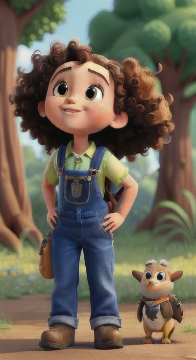  {Riley looking up at the tree with a big smile, animals surrounding them., Riley, a curious with big brown eyes and curly hair, wearing overalls and carrying a small backpack. Their friend, Skye, a bluebird with shiny feathers.