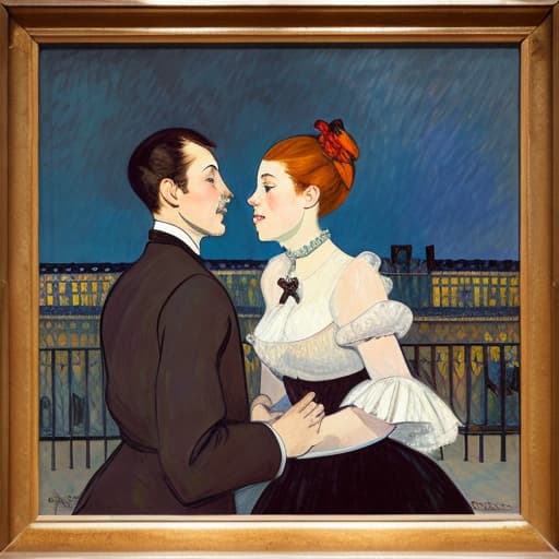  attractive young Parisian couple dressed in modern designer outfits who are romantically together in Paris. Foreground a small plate of fine dark chocolates on a bedside table. Background dusk with a light interior of the Louvre Museum. Painting style of Henri de Toulouse-Lautrec