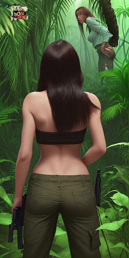  girl-in the jungle, her back turned, a man threatens her with a gun, and the girl takes off her pants