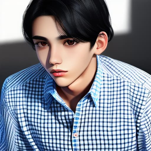  The young man has black hair and brown eyes, wearing a white and light blue checkered shirt