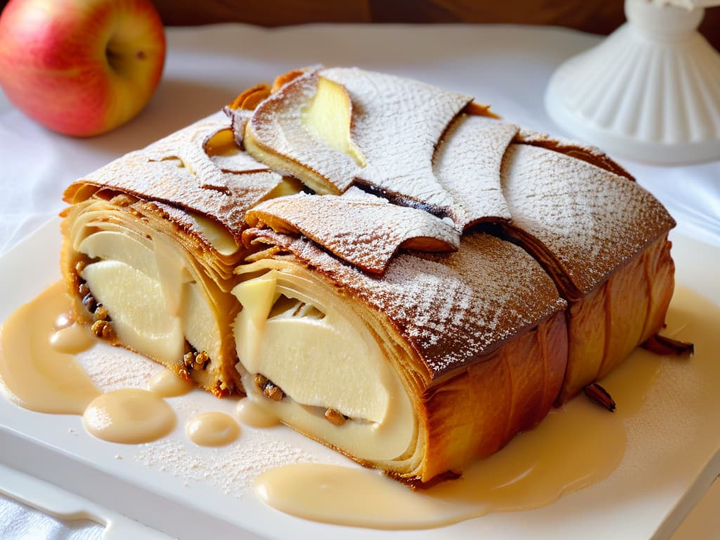  A closeup, ultradetailed image of a freshly baked apple strudel, with flaky layers of goldenbrown pastry glistening in the light. The filling of spiced apples, raisins, and walnuts is peeking through the delicate layers, topped with a dusting of powdered sugar and a drizzle of warm vanilla sauce. The texture and colors are so vivid that viewers can almost smell the sweet aroma of cinnamon and baked apples emanating from the perfectly crafted dessert. hyperrealistic, full body, detailed clothing, highly detailed, cinematic lighting, stunningly beautiful, intricate, sharp focus, f/1. 8, 85mm, (centered image composition), (professionally color graded), ((bright soft diffused light)), volumetric fog, trending on instagram, trending on tumblr, HDR 4K, 8K