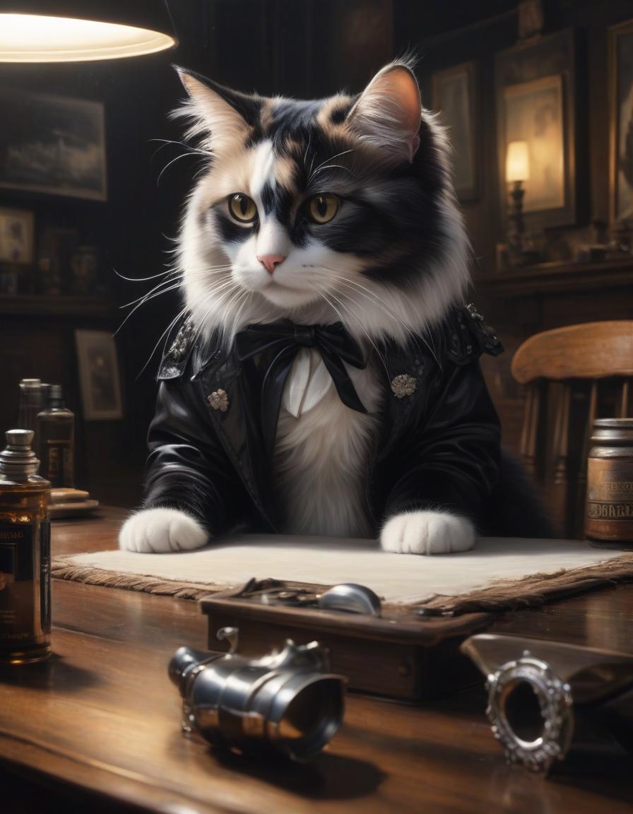  Oil painting with large brush strokes, drops of paint, a black and white cat sitting at a table as if a person, oil painting, in the style of Pixar. hyperrealistic, full body, detailed clothing, highly detailed, cinematic lighting, stunningly beautiful, intricate, sharp focus, f/1. 8, 85mm, (centered image composition), (professionally color graded), ((bright soft diffused light)), volumetric fog, trending on instagram, trending on tumblr, HDR 4K, 8K