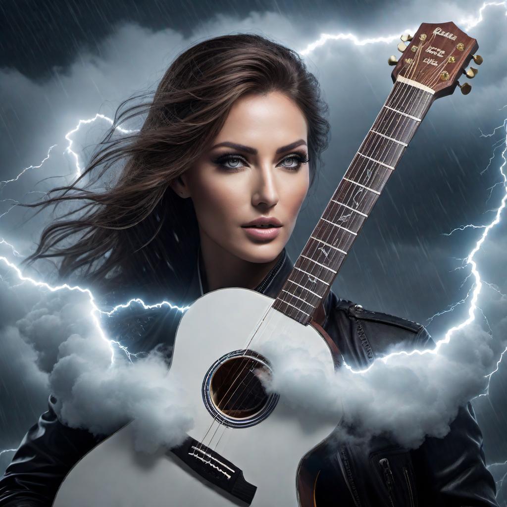  Eye of the hurricane with music symbols and a guitar. Show the calm center of the storm with intense swirling clouds around it. Include vibrant musical notes and symbols swirling through the storm, with a striking guitar placed in the middle of the eye. The scene should be dynamic, with elements like lightning bolts and rain around the edges to emphasize the intense weather outside the calm center. hyperrealistic, full body, detailed clothing, highly detailed, cinematic lighting, stunningly beautiful, intricate, sharp focus, f/1. 8, 85mm, (centered image composition), (professionally color graded), ((bright soft diffused light)), volumetric fog, trending on instagram, trending on tumblr, HDR 4K, 8K