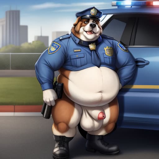  saint bernard (old, fat, dilf, police officer, wearing police uniform, big feet, wearing boots, wearing collar, fat sheath, fat canine penis, fat balls,). police car in background., open eyes, digital art, masterpiece, 4k, fine details,