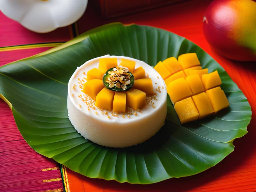  A minimalist, highresolution image of a vibrant and intricately designed Thai mango sticky rice dessert served elegantly on a banana leaf, showcasing the contrasting colors of the golden sticky rice, ripe mango slices, and a sprinkle of sesame seeds, with a subtle background of traditional Thai floral patterns. hyperrealistic, full body, detailed clothing, highly detailed, cinematic lighting, stunningly beautiful, intricate, sharp focus, f/1. 8, 85mm, (centered image composition), (professionally color graded), ((bright soft diffused light)), volumetric fog, trending on instagram, trending on tumblr, HDR 4K, 8K