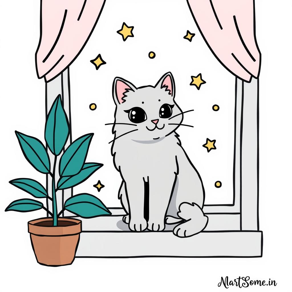  draw a cute cat sitting on a windowsill with a potted plant next to it