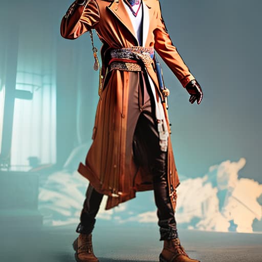 nvinkpunk ANIMIE Dazai wears a long sand colored trench coat, the belt of which he leaves untied. Under it is a black vest over a striped dress shirt. He wears a bolo tie, which is held by a brown ribbon and a turquoise pendant. He also dons beige pants, dark brown shoes, and has bandages wrapped around his entire body; only his face, hands, and feet are left uncovered. hyperrealistic, full body, detailed clothing, highly detailed, cinematic lighting, stunningly beautiful, intricate, sharp focus, f/1. 8, 85mm, (centered image composition), (professionally color graded), ((bright soft diffused light)), volumetric fog, trending on instagram, trending on tumblr, HDR 4K, 8K