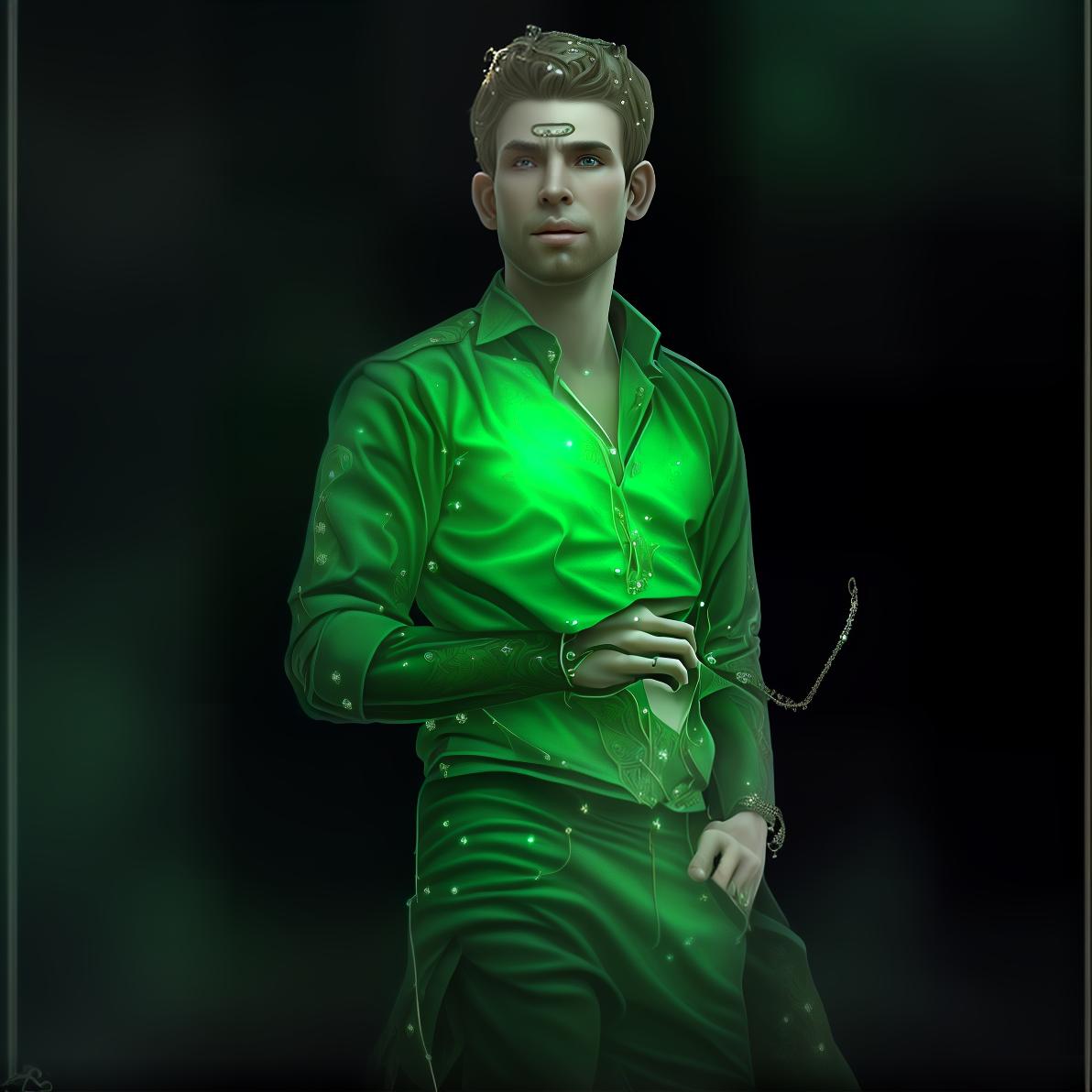 mdjrny-v4 style Generate a detailed Fantasy style avatar of a magical male elf with long, pointed ears, elf ears. The character exudes a magical and mysterious charm, with distinct and elegant features that reflect his otherworldly nature. His attire is regal and adorned with intricate elven designs, such as flowing robes made from enchanting fabrics or armor embellished with nature inspired motifs. The elf's hair is long and lustrous, styled in elaborate braids or adorned with ornaments like leaves or crystals. His eyes sparkle with magical wisdom, and his expression is calm yet powerful and mysterious. The background should be an enchanted forest or a mystical elven city, with shimmering lights, ancient trees, and hints of magical creatures roaming in th