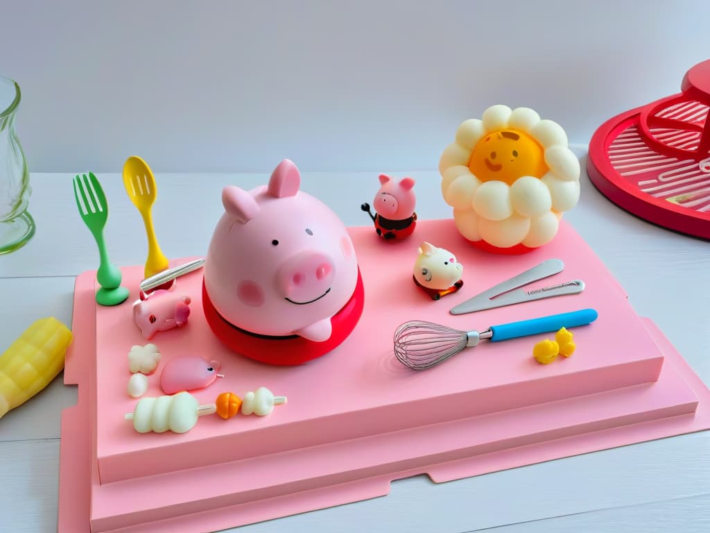  An ultradetailed 8k image of a sleek, minimalistic kitchen countertop adorned with a set of vibrant Peppa Pigthemed cooking utensils arranged meticulously. The utensils include a miniature spatula, whisk, rolling pin, and measuring spoons, all featuring the iconic Peppa Pig characters intricately engraved on the handles. The soft, natural lighting enhances the glossy finish of the utensils, creating a visually appealing and professional aesthetic that is sure to inspire young aspiring chefs. hyperrealistic, full body, detailed clothing, highly detailed, cinematic lighting, stunningly beautiful, intricate, sharp focus, f/1. 8, 85mm, (centered image composition), (professionally color graded), ((bright soft diffused light)), volumetric fog, trending on instagram, trending on tumblr, HDR 4K, 8K